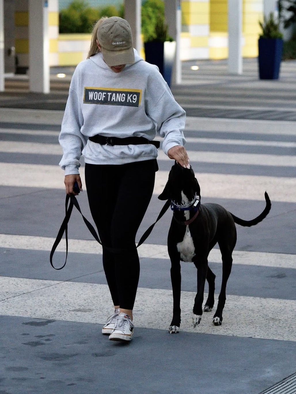 Woof Tang K9 trainer practicing focused heel and handler engagement with a dog in Orlando, Florida.