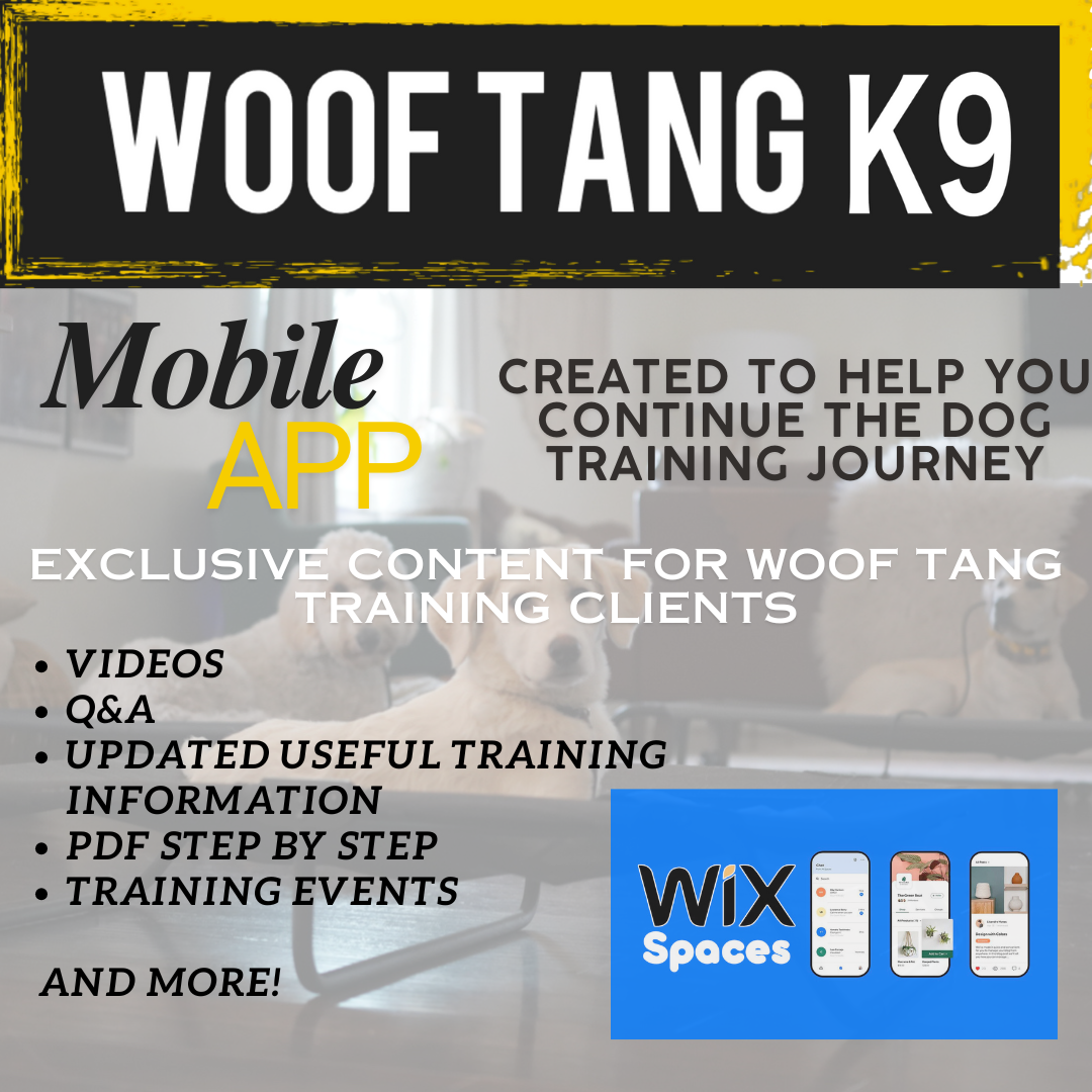 Woof Tang K9 mobile app for dog training clients featuring training videos, Q&A, step-by-step guides, resources, and events.